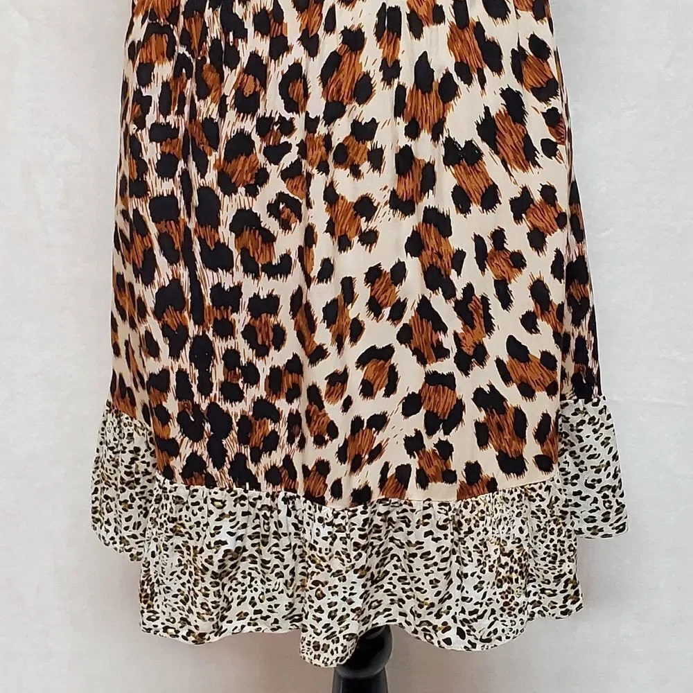 LEOPARD Cheetah Print Tie-Neck Smocked Waist Sleeveless A-line Mini Dress Large